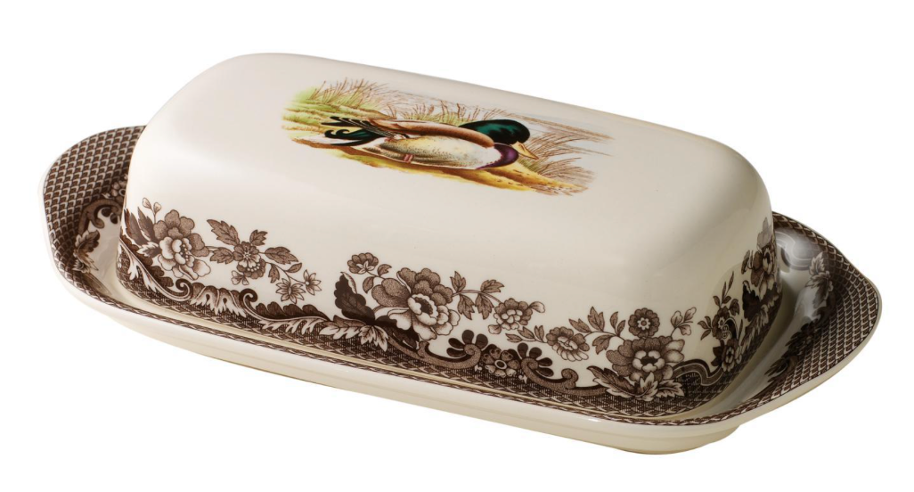 A fine porcelain covered butter dish with a mallard design, part of the Spode Woodland collection.