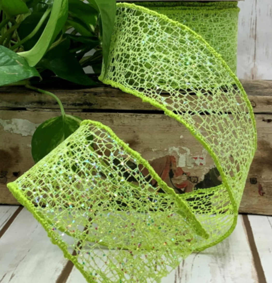 LIME GREEN LACE GLITTER RIBBON