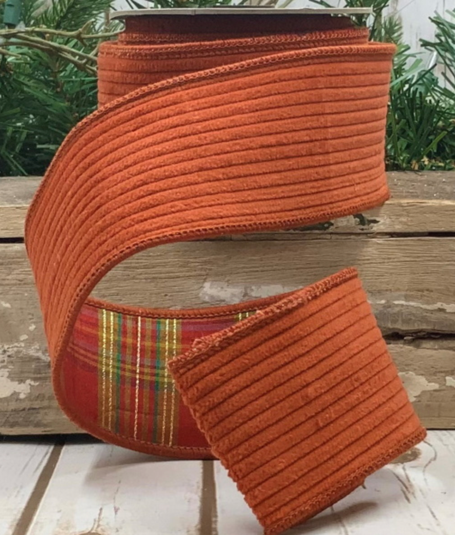 FINAL SALE RUST CORDUROY PLAID BACK RIBBON