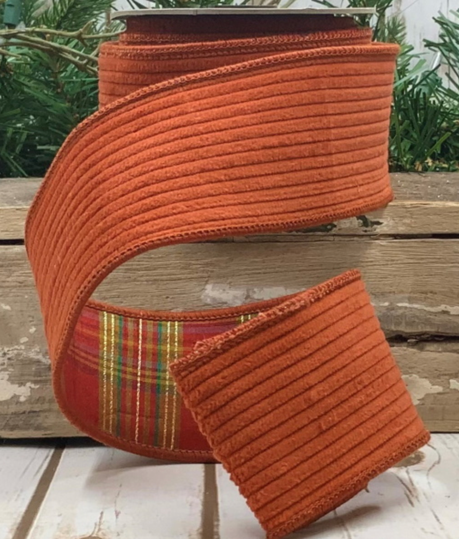 RUST CORDUROY PLAID BACK RIBBON