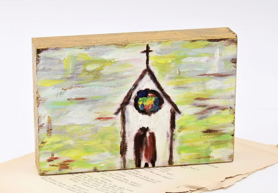 6x4" HANDPAINTED WOOD BLOCK, COLORFUL CHURCH