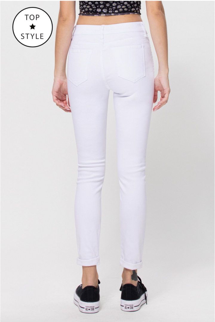 WHITE MID RISE PULL ON CROP SKINNY JEAN