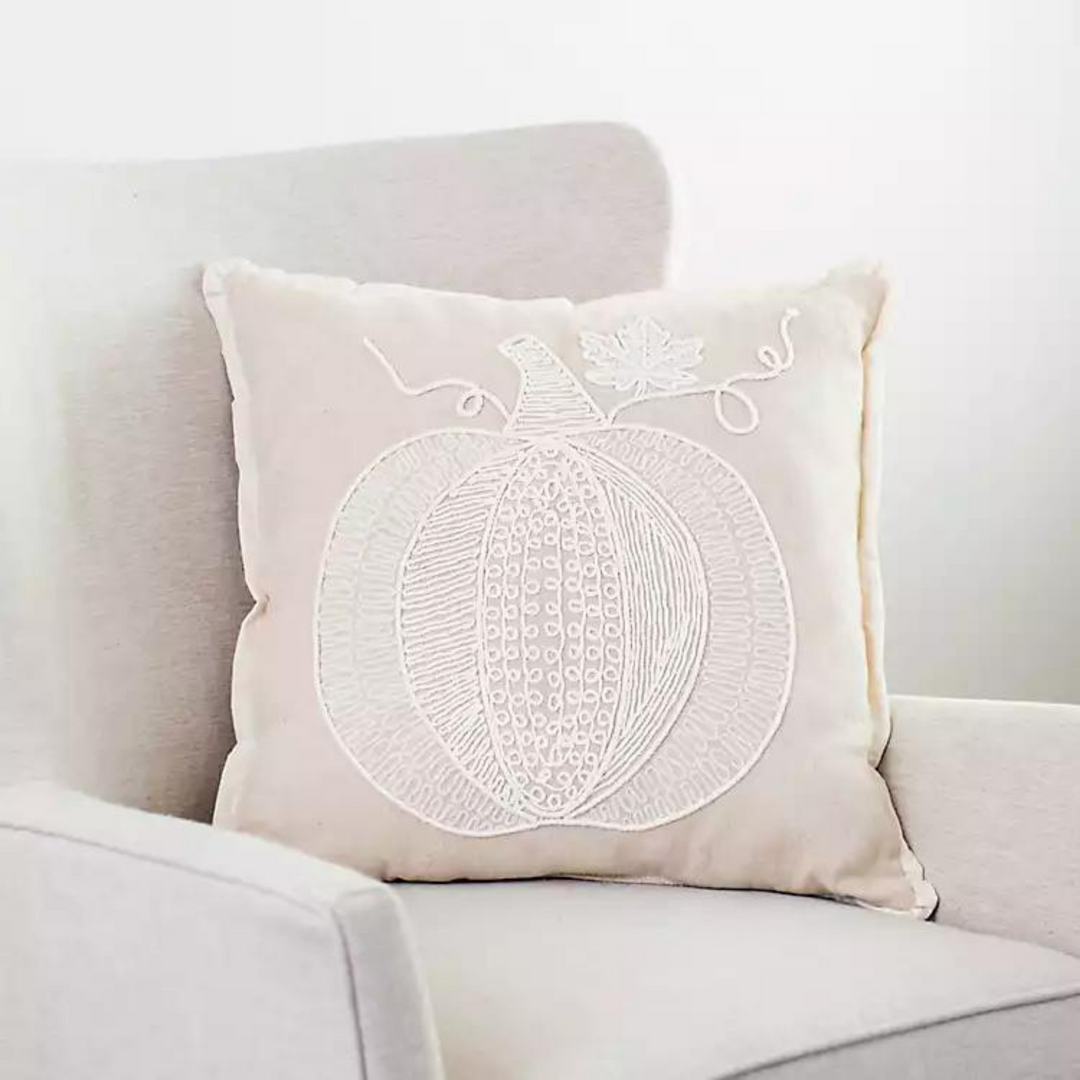WHITE EMBROIDERED STITCH PUMPKIN PILLOW