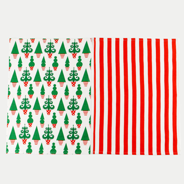 RED STRIPED/CHRISTMAS TREES TEA TOWELS SET OF 2
