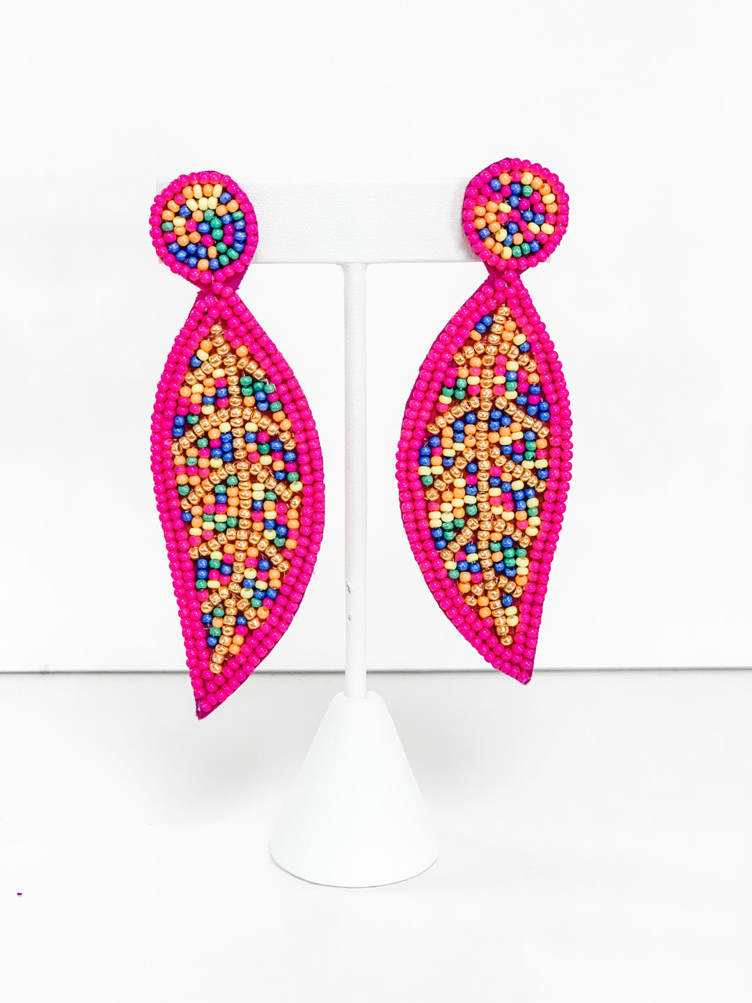 FUCHSIA RAINBOW BEADED LEAF EARRINGS