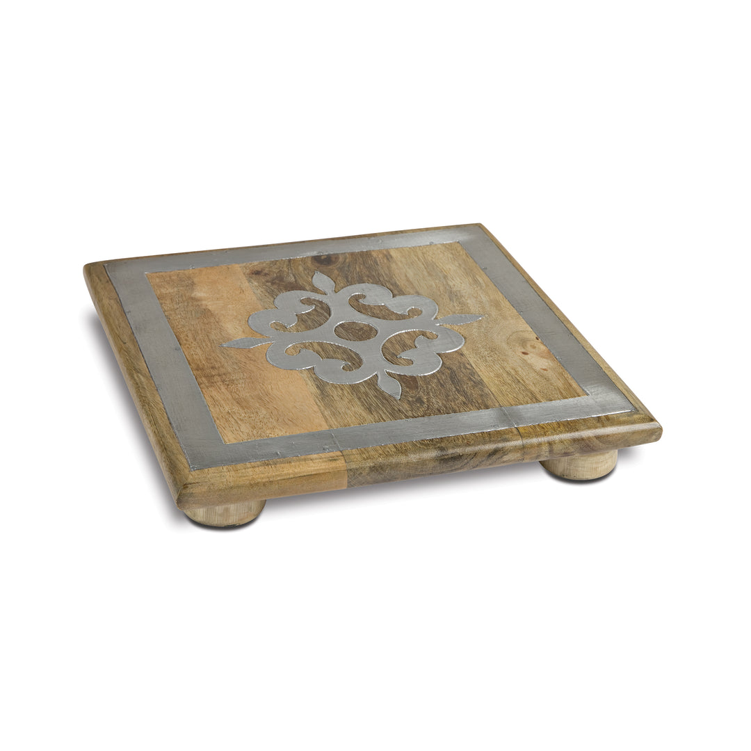 10" WOOD TRIVET WITH METAL