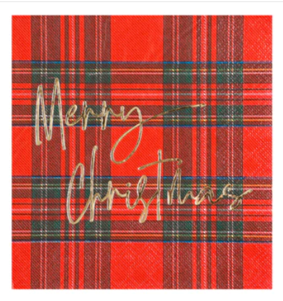 RED PLAID MERRY CHRISMTAS BEVERAGE NAPKINS