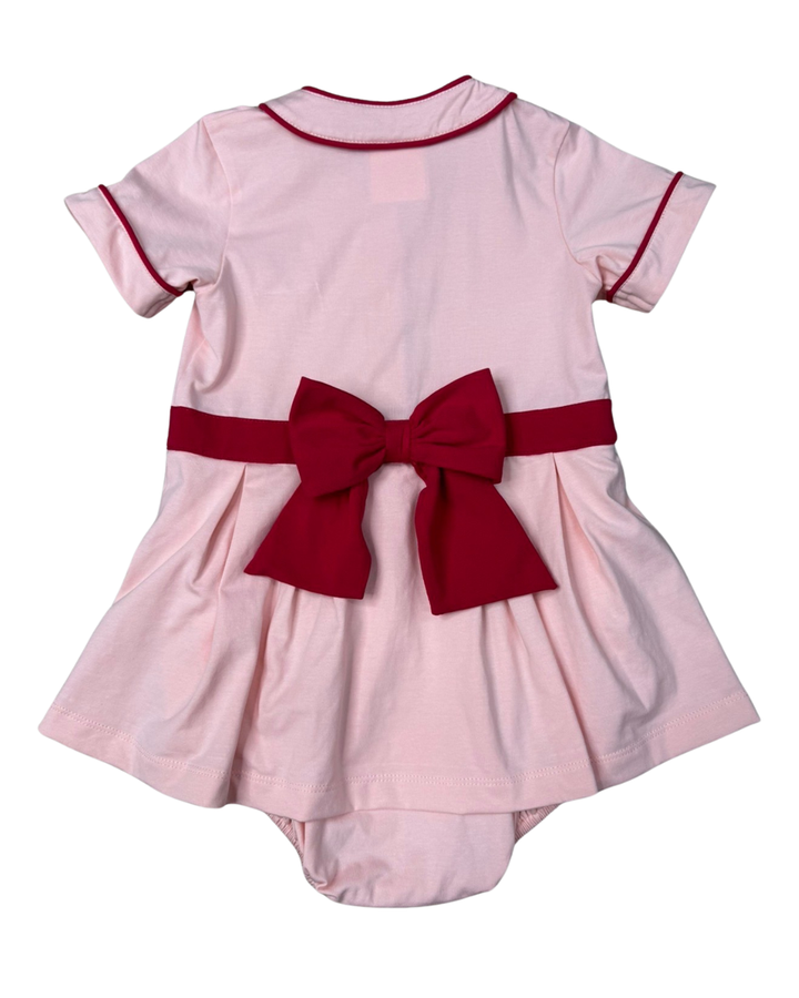 BACK OF PINK BUBBLE WITH RED DETAIL AND RED BOW