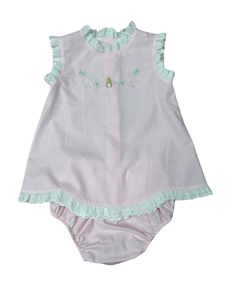 LIGHT PINK BLOOMER SET WITH BUNNY MOTIF AND WHITE LACE DETAILING
