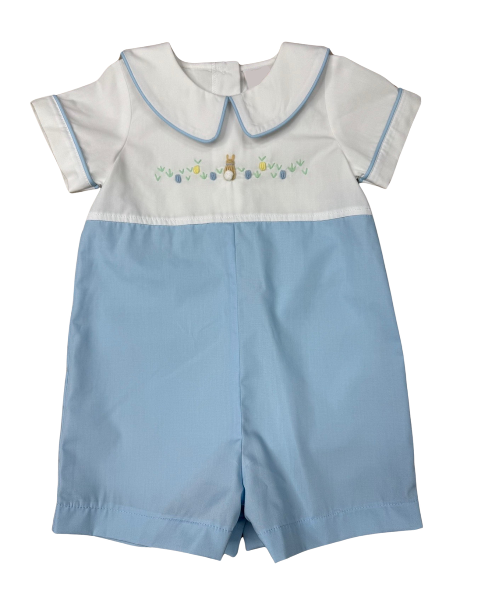 WHITE ON TOP AND BLUE SHORTALL WITH BUNNY MOTIF