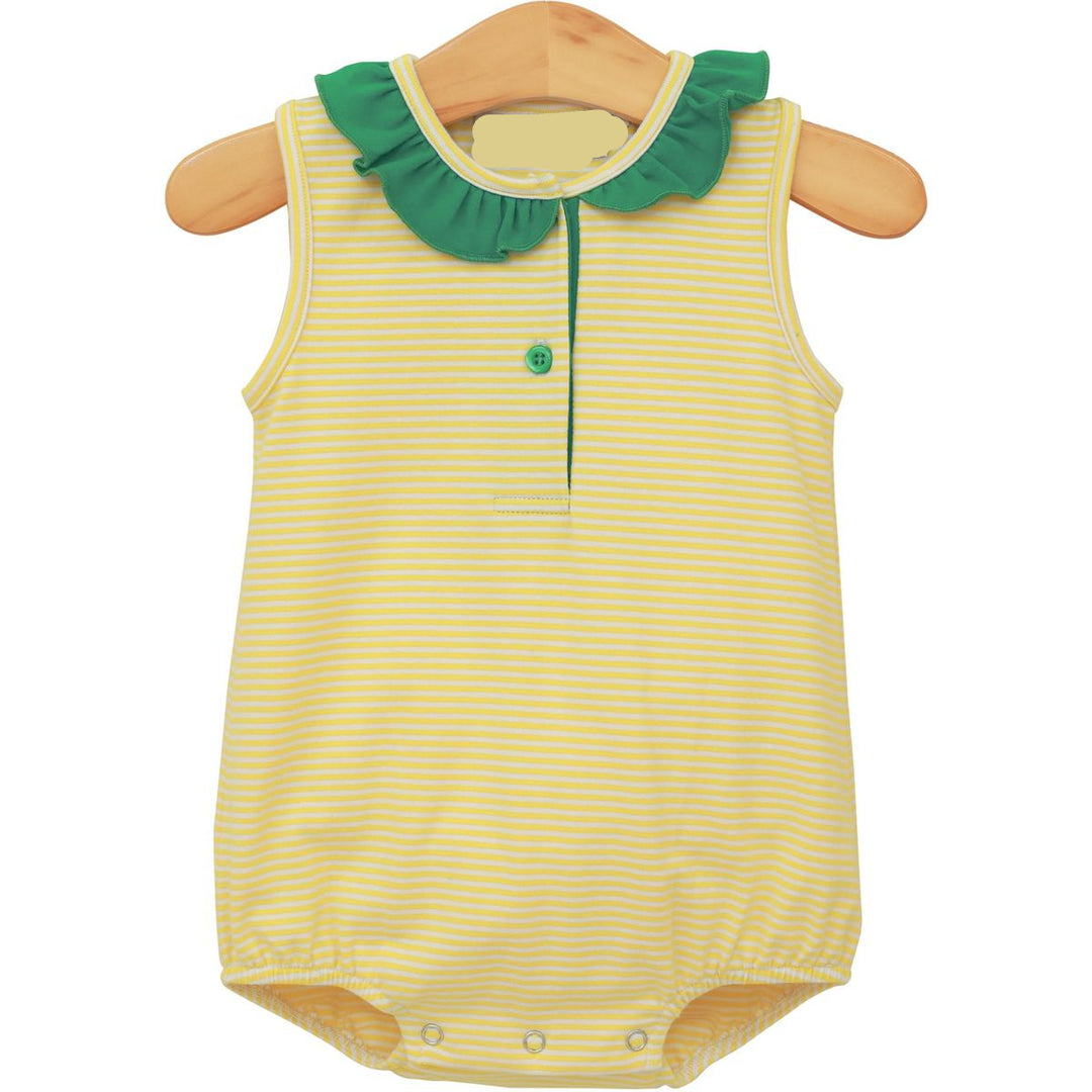 Yellow striped baby romper with green collar on a hanger