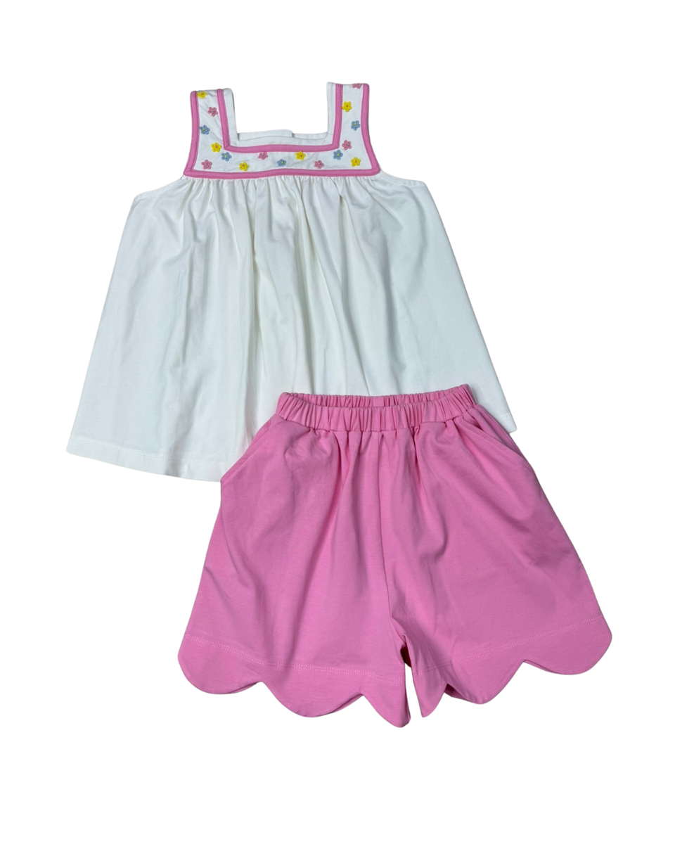 WHITE TANK WITH PINK SCALLOPED SHORTS SET