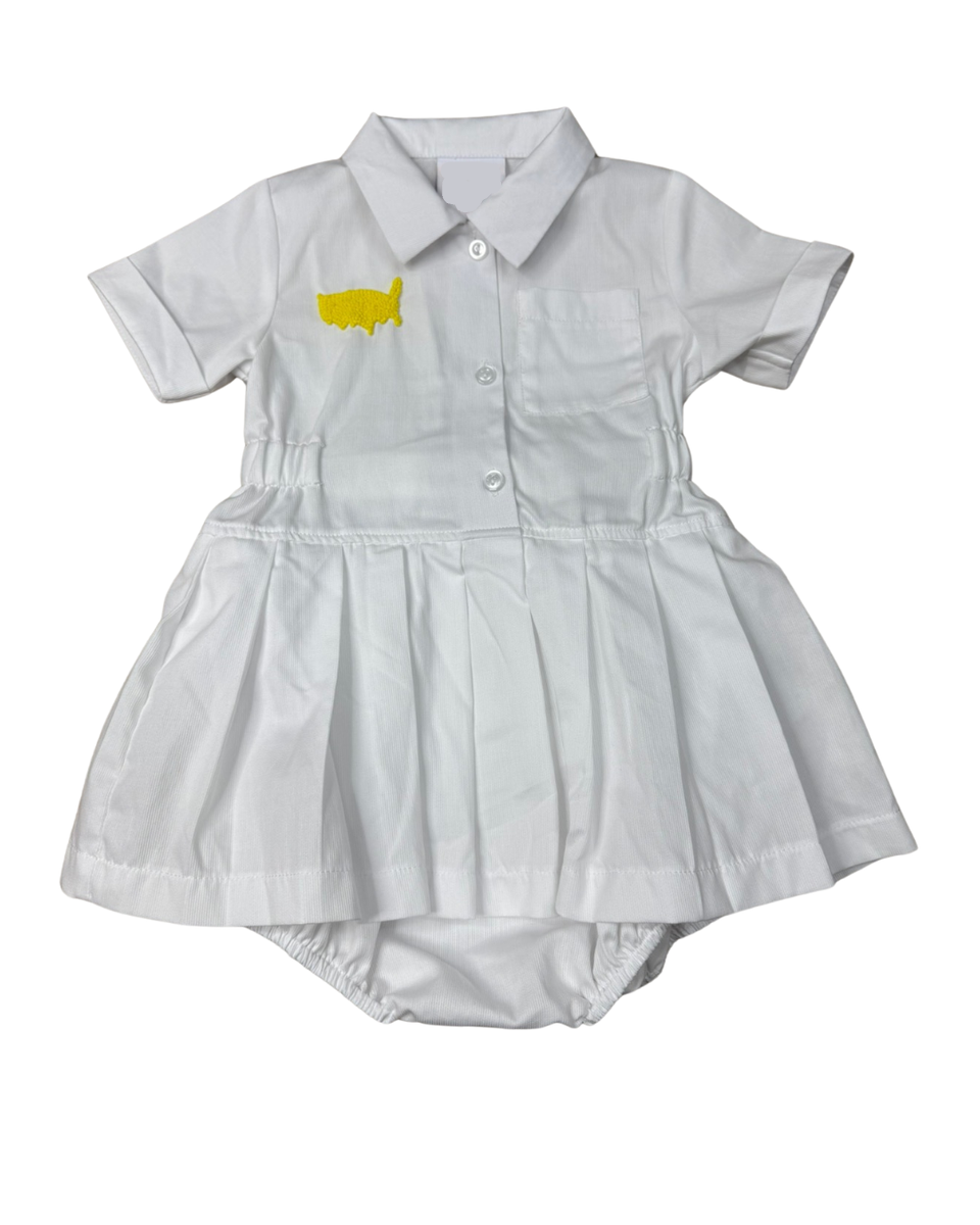 White baby dress with yellow fish design on a white background