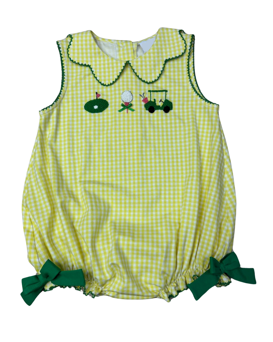 Yellow gingham bubble with green bows and trim