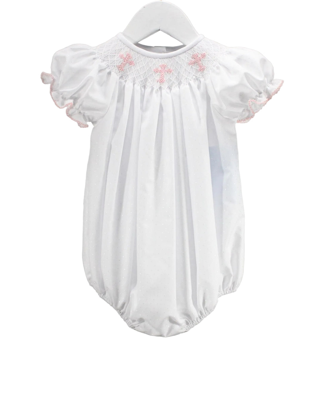 White baby romper with pink floral embroidery on a white background