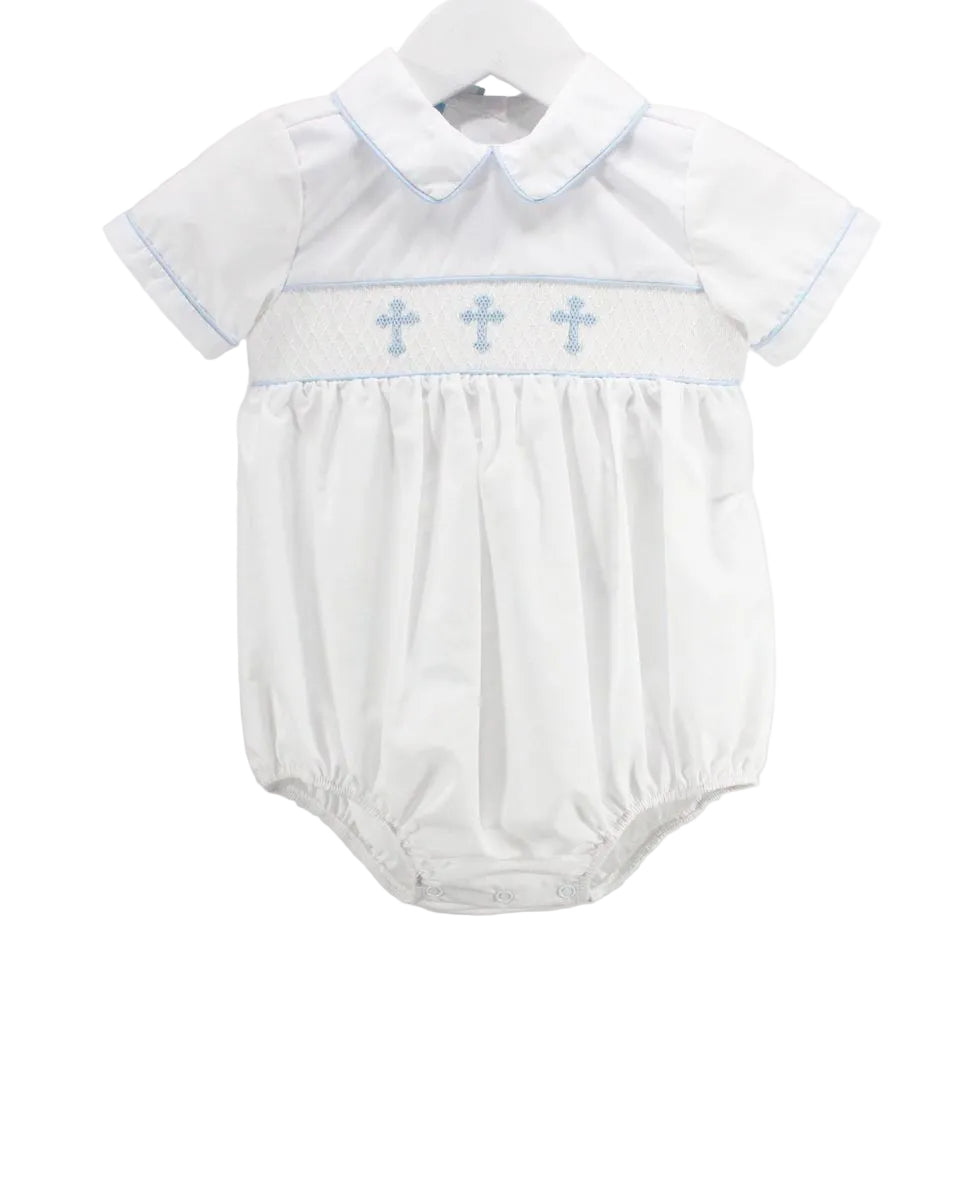 LITTLE BOY COLLARED BUBBLE WITH SMOCKED BLUE CROSSES ON WHITE BACKGROUND