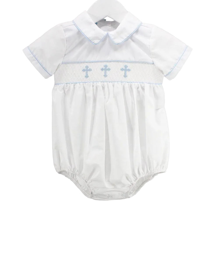 LITTLE BOY COLLARED BUBBLE WITH SMOCKED BLUE CROSSES ON WHITE BACKGROUND