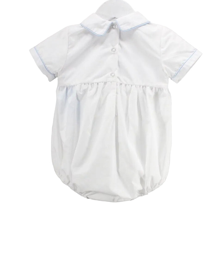 LITTLE BOY COLLARED BUBBLE WITH SMOCKED BLUE CROSSES ON WHITE BACKGROUND VIEW FROM BACK