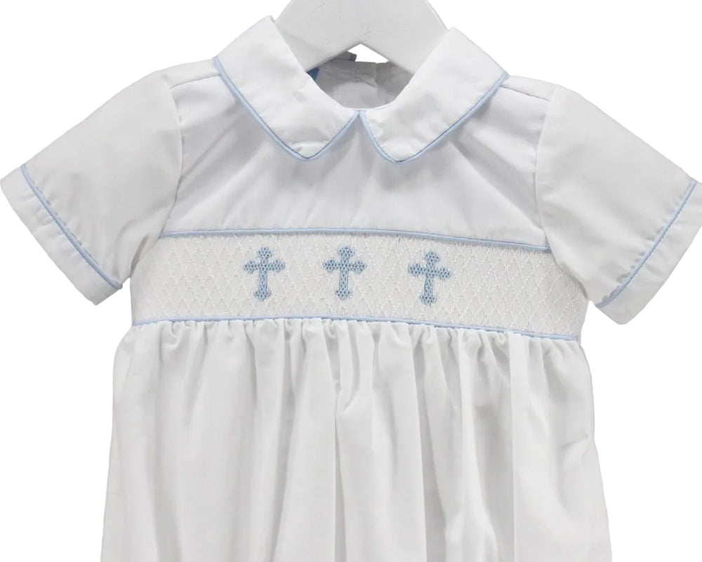 LITTLE BOY COLLARED BUBBLE WITH SMOCKED BLUE CROSSES ON WHITE BACKGROUND DETAILED VIEW