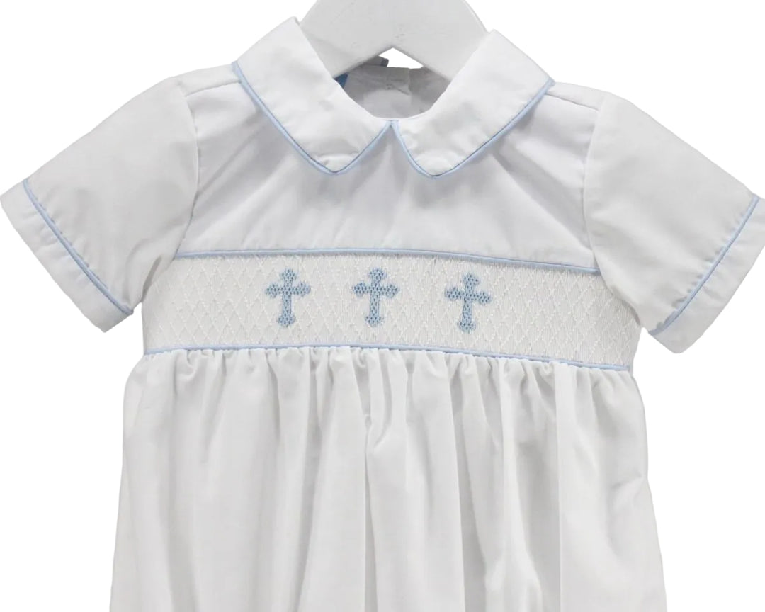 LITTLE BOY COLLARED BUBBLE WITH SMOCKED BLUE CROSSES ON WHITE BACKGROUND DETAILED VIEW
