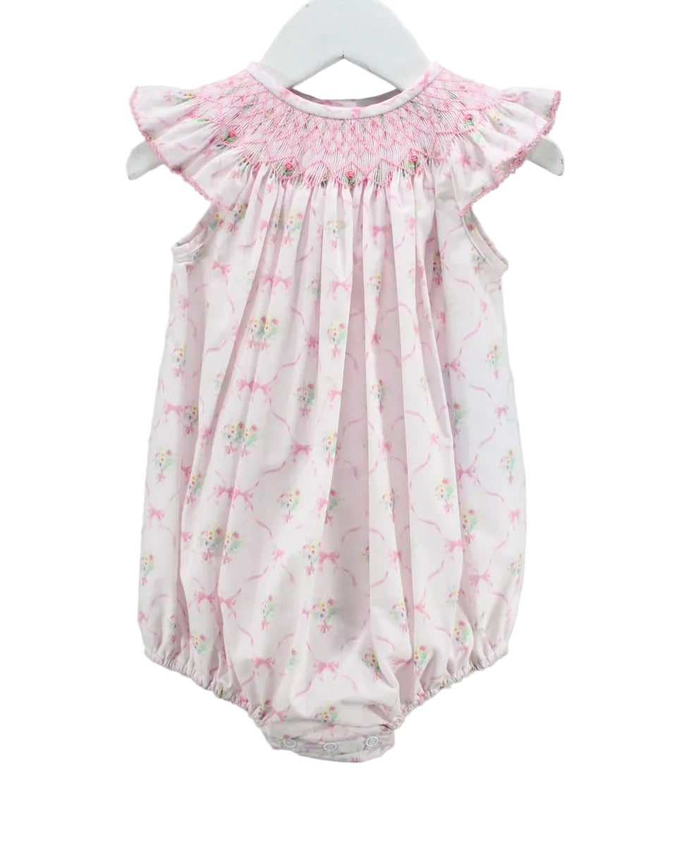 FLORAL PINK BUBBLE WITH SMOCKING DETAIL ON WHITE BACKGROUND