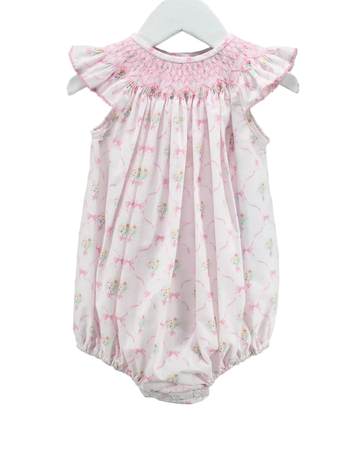 FLORAL PINK BUBBLE WITH SMOCKING DETAIL ON WHITE BACKGROUND