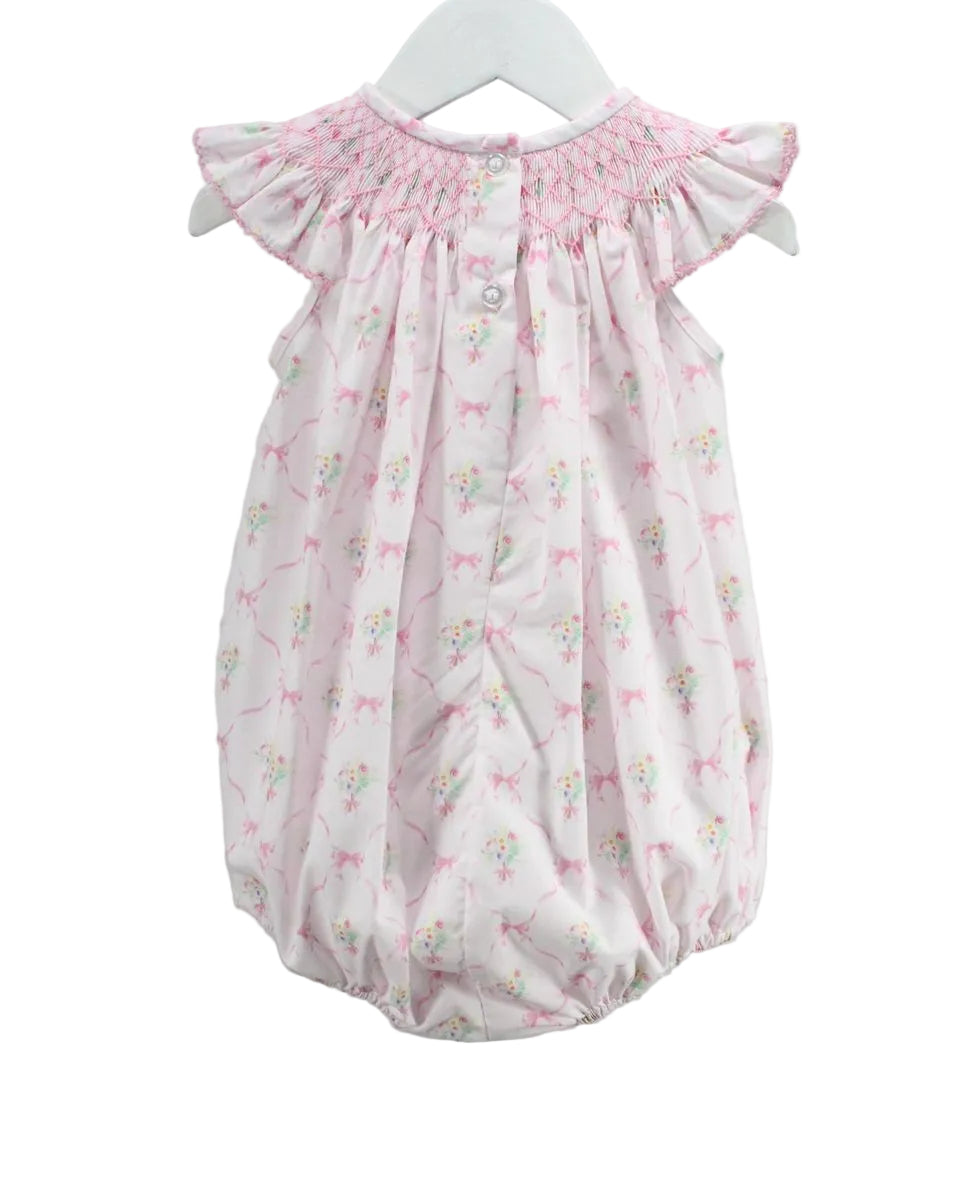 FLORAL PINK BUBBLE WITH SMOCKING DETAIL ON WHITE BACKGROUND
