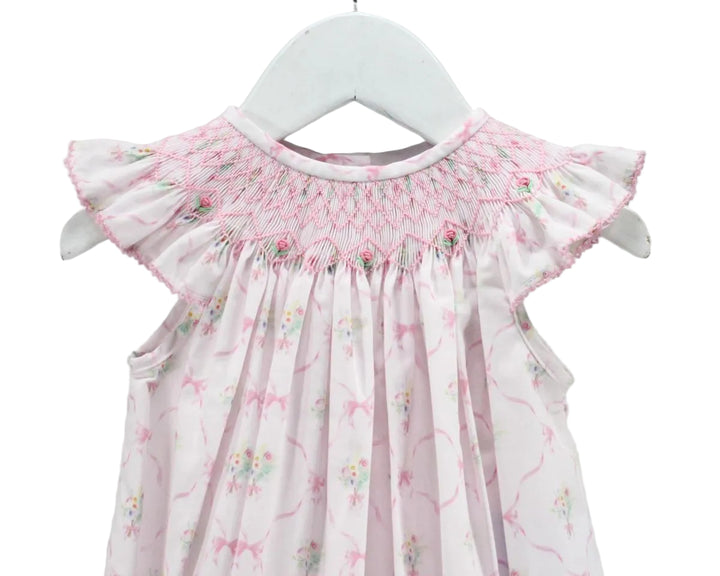 FLORAL PINK BUBBLE WITH SMOCKING DETAIL ON WHITE BACKGROUND DETAILED VIEW