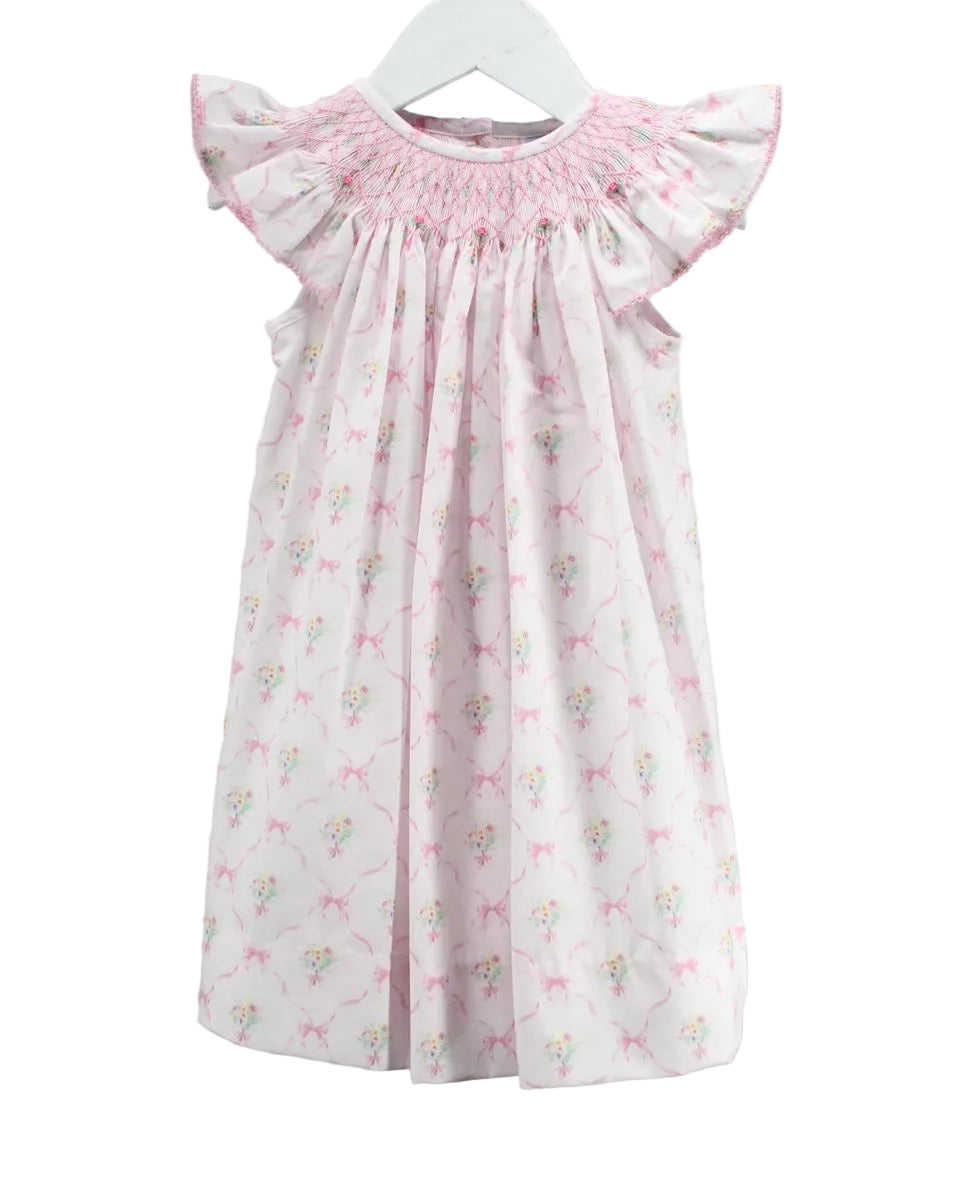 PINK FLORAL LITTLE GIRLS DRESS WITH SMOCKED NECKLINE FLUTTER SLEEVES