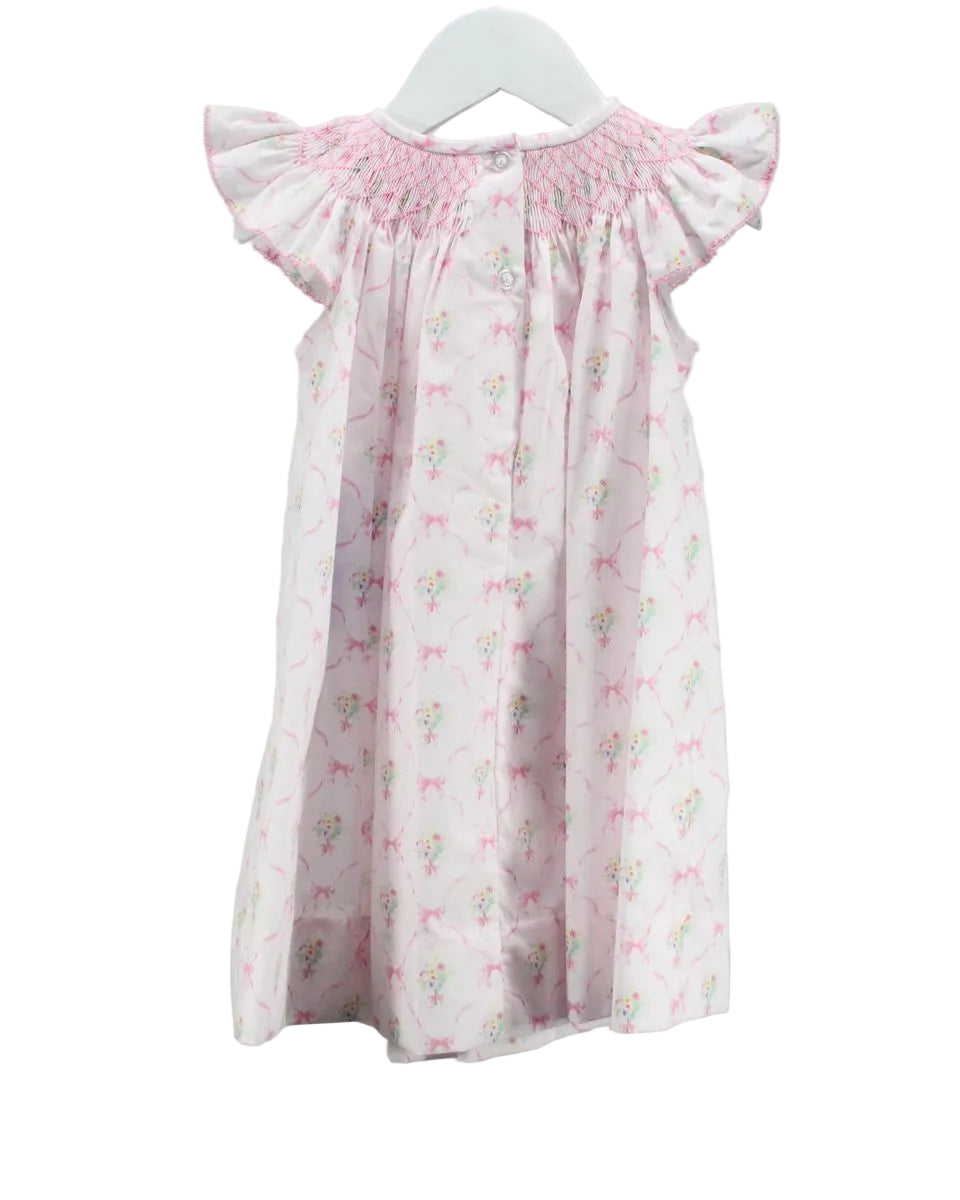 PINK FLORAL LITTLE GIRLS DRESS WITH SMOCKED NECKLINE FLUTTER SLEEVES WITH BUTTONS DOWN BACK
