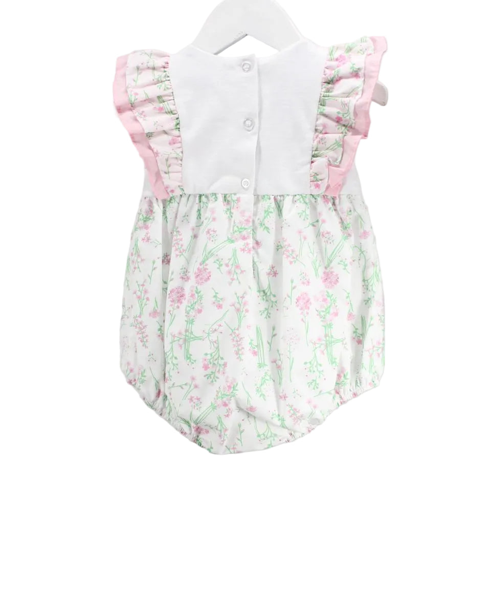 BACK OF LITTLE GIRL BUBBLE WITH PINK HYDRANGEA EMBROIDERY AND BUTTONS DOWN BACK