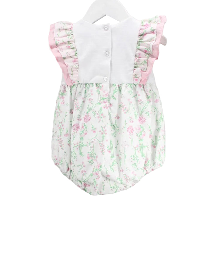 BACK OF LITTLE GIRL BUBBLE WITH PINK HYDRANGEA EMBROIDERY AND BUTTONS DOWN BACK