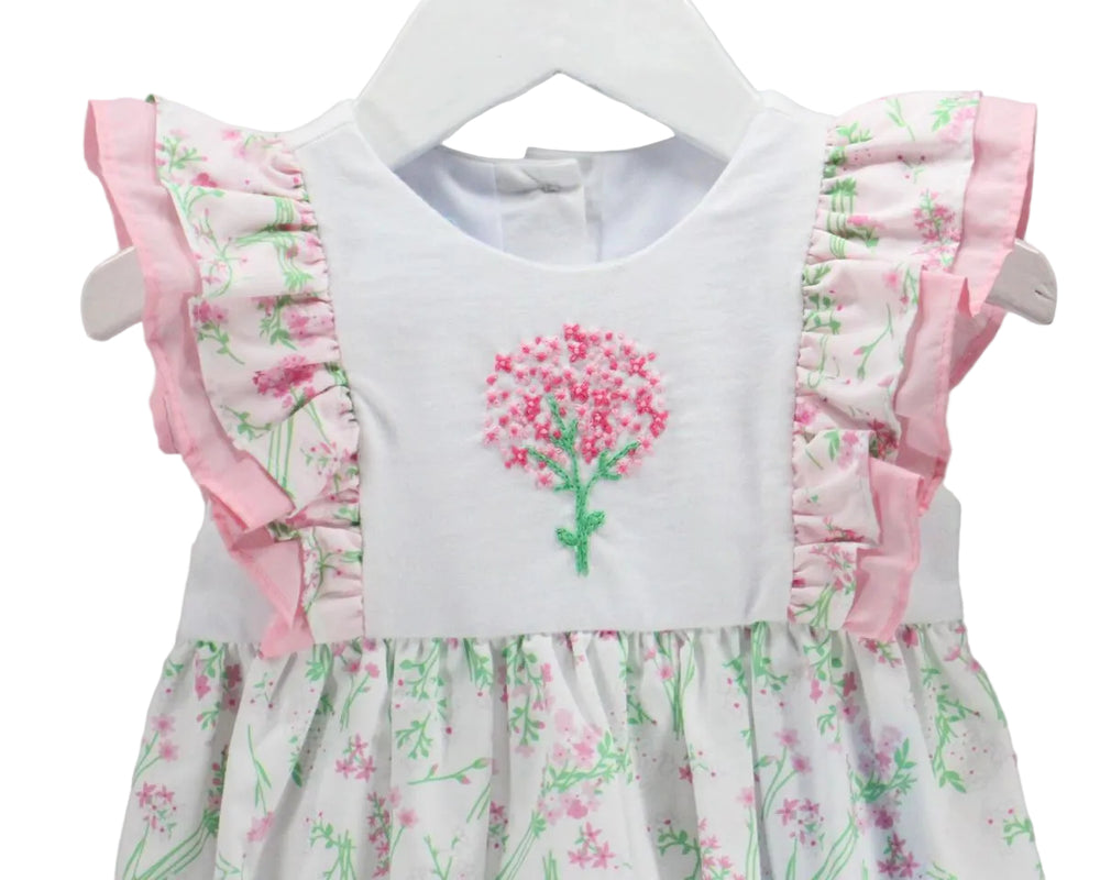 UP CLOSE DETAIL OF LITTLE GIRL BUBBLE WITH PINK HYDRANGEA EMBROIDERY 