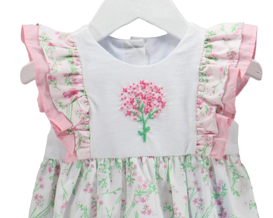 UP CLOSE DETAIL OF LITTLE GIRL BUBBLE WITH PINK HYDRANGEA EMBROIDERY 