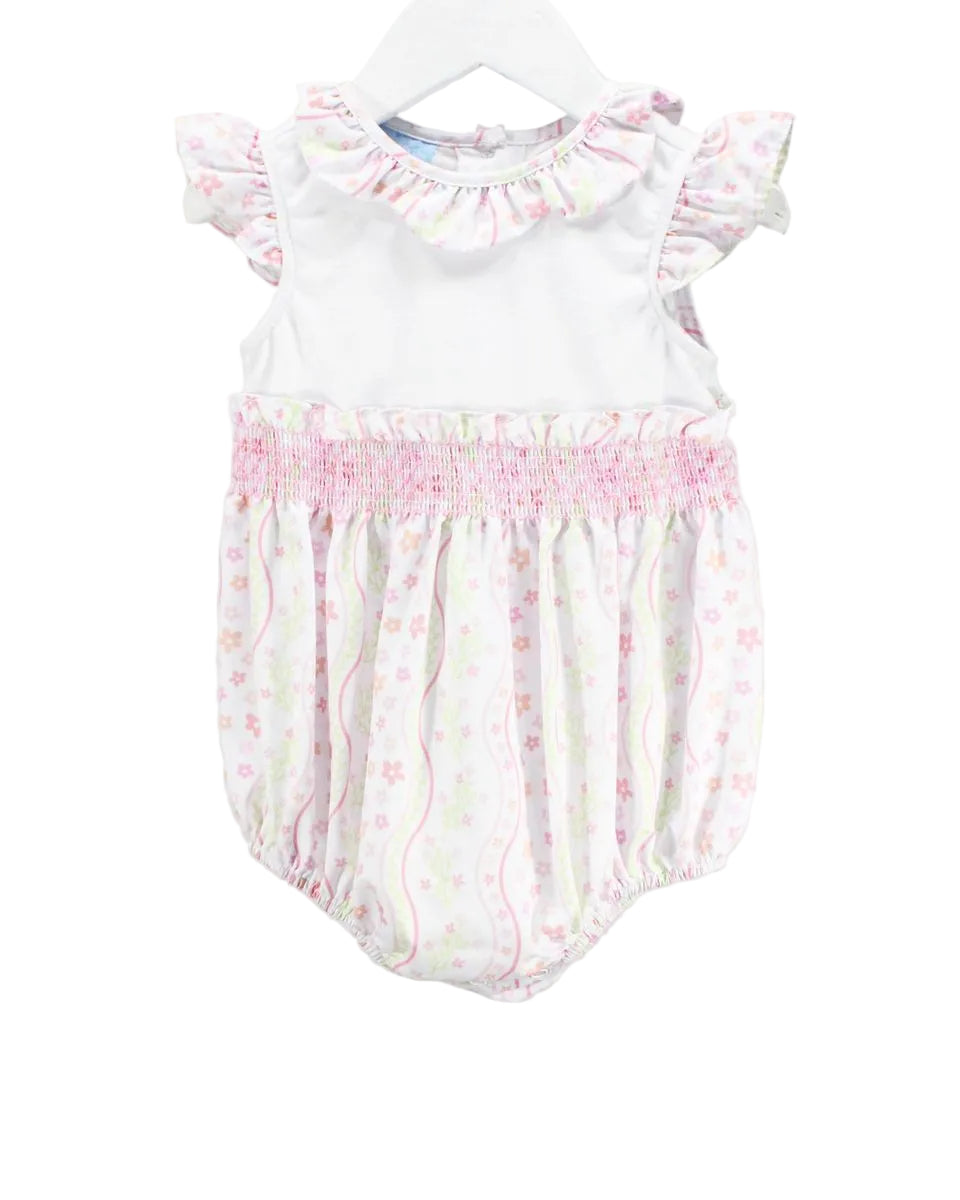 BABY GIRL BUBBLE WITH PINK AND GREEN FLORAL DESIGN AND SMOCKED WAISTLINE