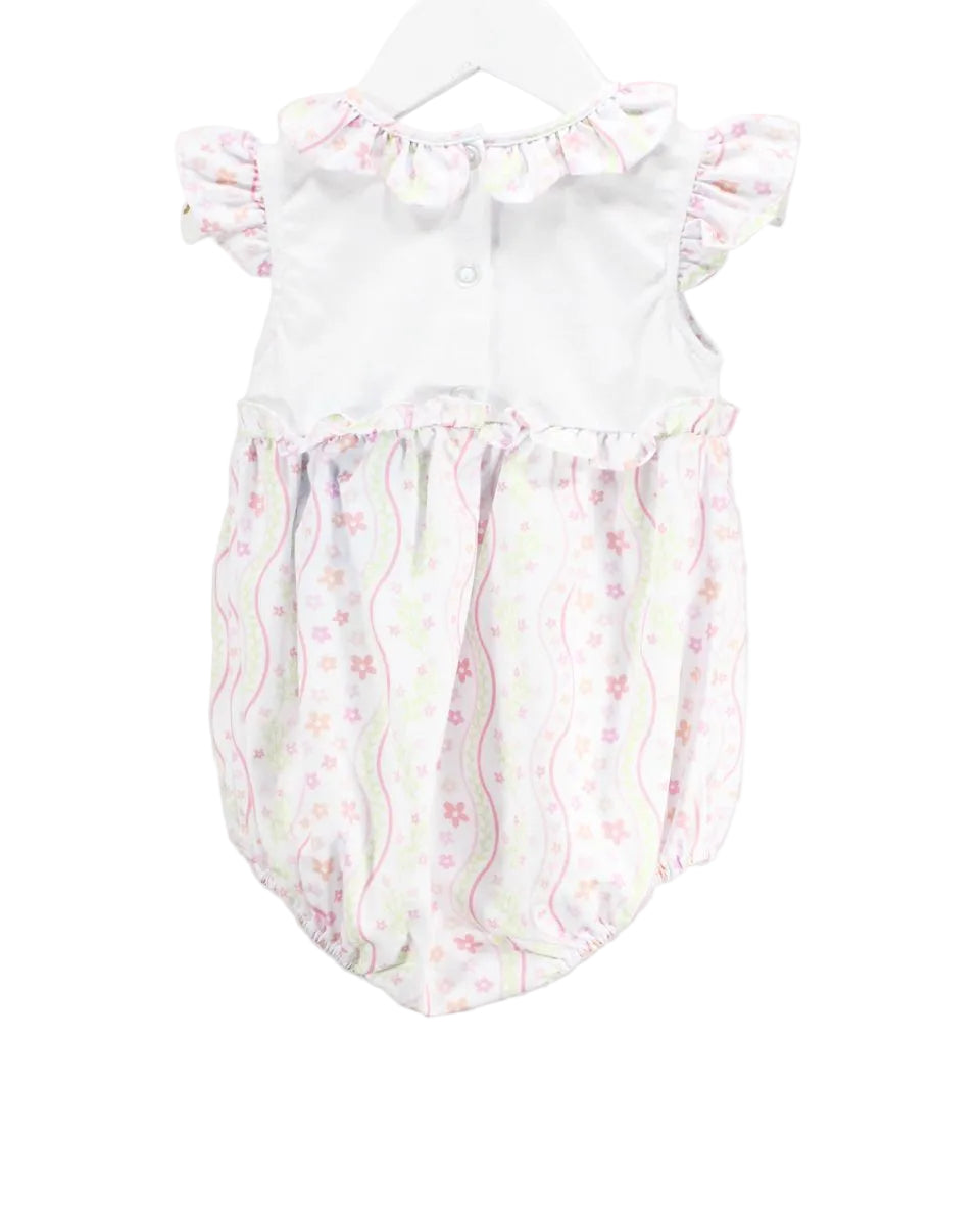 BABY GIRL BUBBLE WITH PINK AND GREEN FLORAL DESIGN AND SMOCKED WAISTLINE