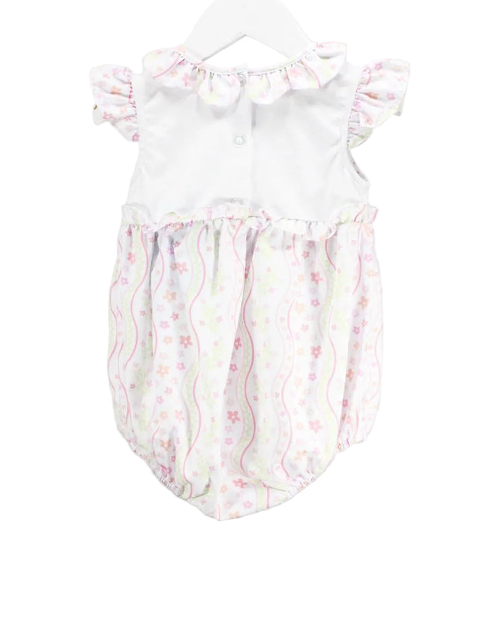BABY GIRL BUBBLE WITH PINK AND GREEN FLORAL DESIGN AND SMOCKED WAISTLINE