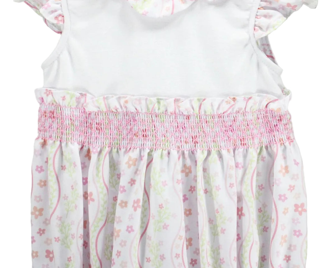 BABY GIRL BUBBLE WITH PINK AND GREEN FLORAL DESIGN AND SMOCKED WAISTLINE