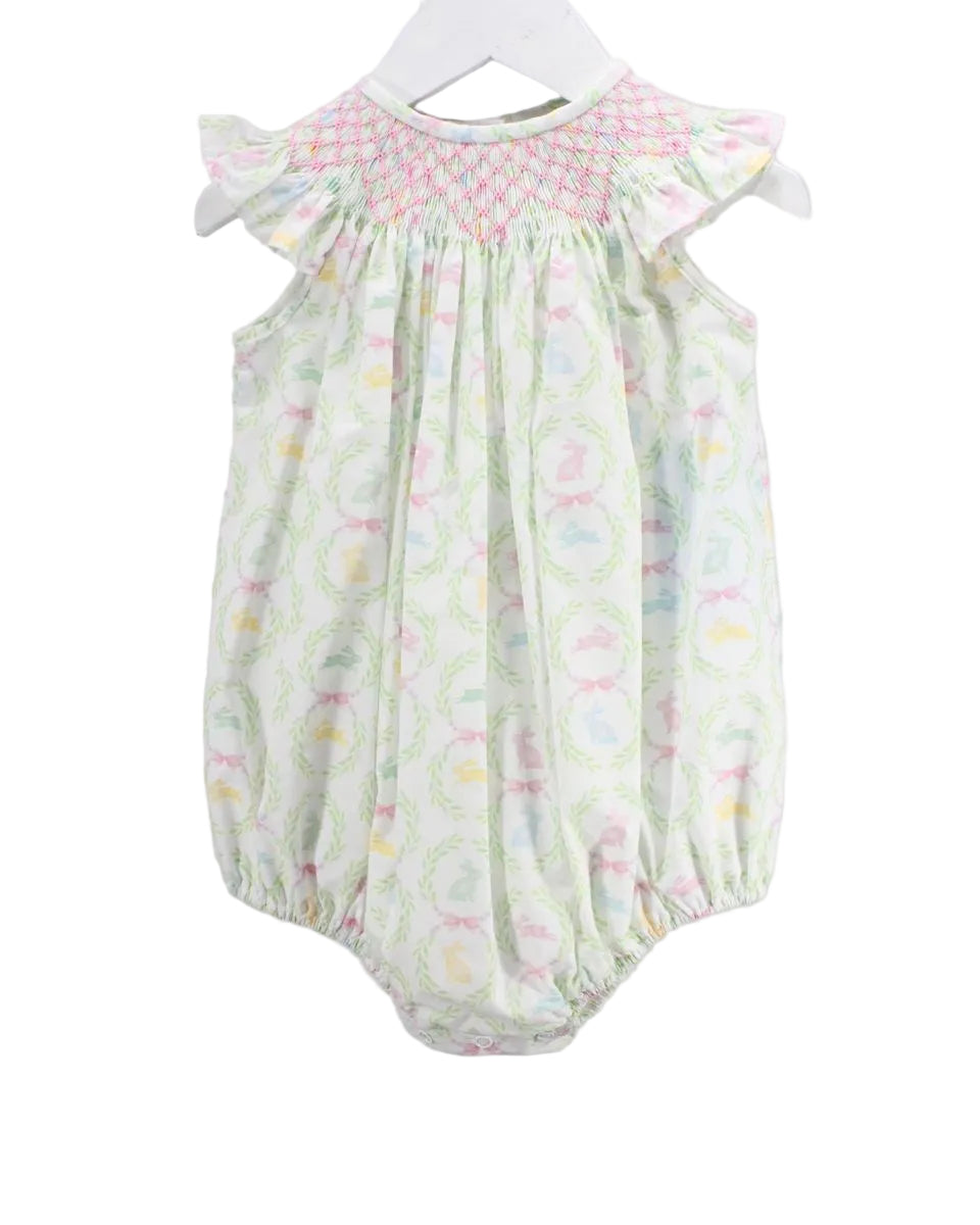 GREEN AND WHITE GIRLS BUBBLE WITH BUNNY DETAIL AND PINK SMOCKED NECKLINE
