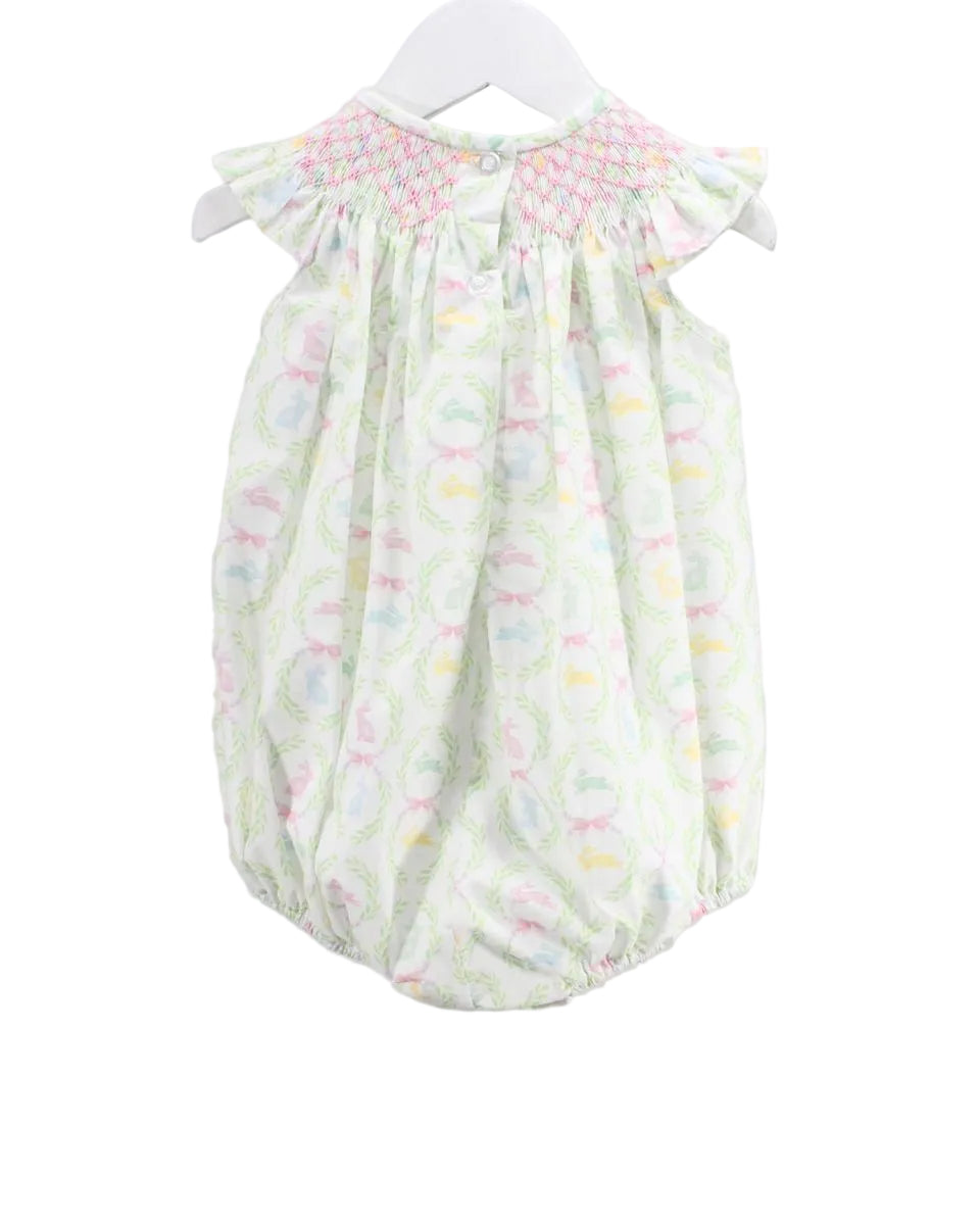 GREEN AND WHITE GIRLS BUBBLE WITH BUNNY DETAIL AND PINK SMOCKED NECKLINE AND BUTTONS DOWN BACK