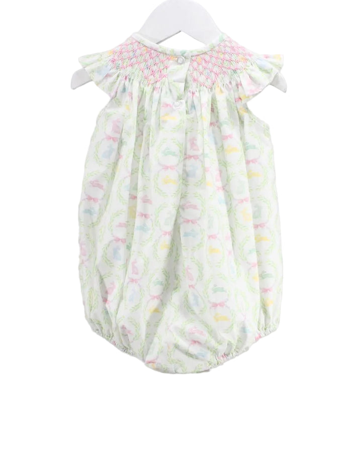 GREEN AND WHITE GIRLS BUBBLE WITH BUNNY DETAIL AND PINK SMOCKED NECKLINE AND BUTTONS DOWN BACK