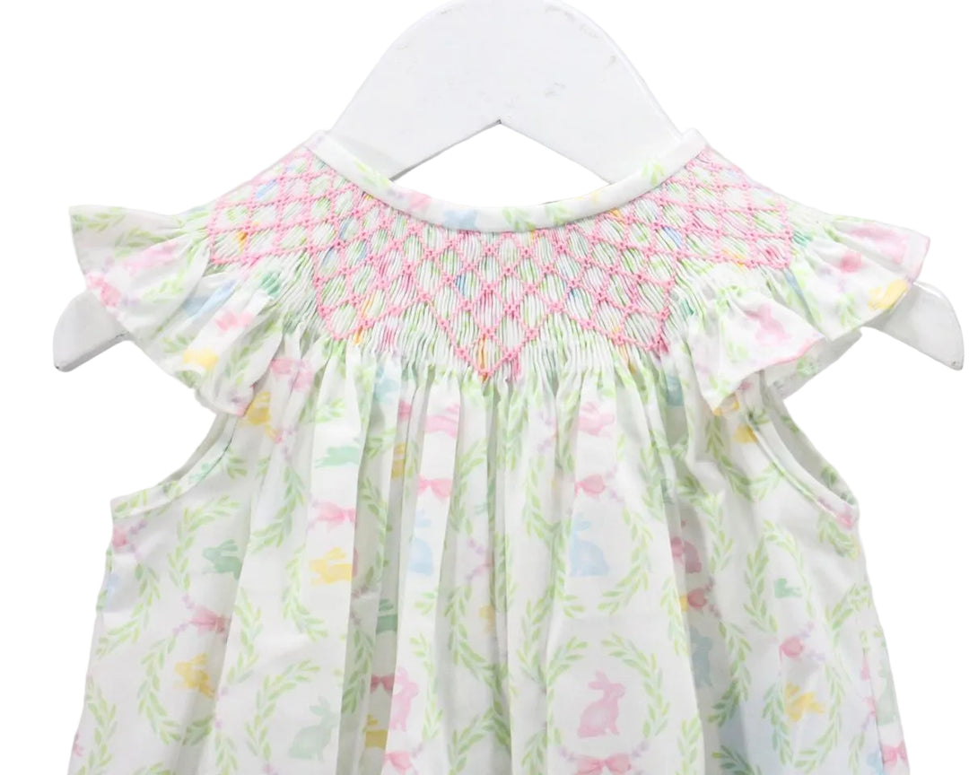 GREEN AND WHITE GIRLS BUBBLE WITH BUNNY DETAIL AND PINK SMOCKED NECKLINE