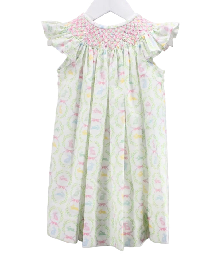 PINK AND GREEN LITTLE GIRL DRESS WITH PASTEL BUNNY DESIGN AND SMOCKED PINK NECKLINE