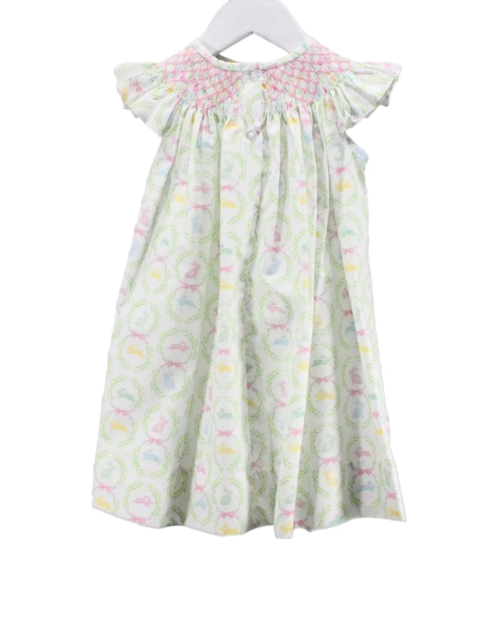 PINK AND GREEN LITTLE GIRL DRESS WITH PASTEL BUNNY DESIGN AND SMOCKED PINK NECKLINE
