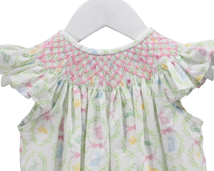 PINK AND GREEN LITTLE GIRL DRESS WITH PASTEL BUNNY DESIGN AND SMOCKED PINK NECKLINE