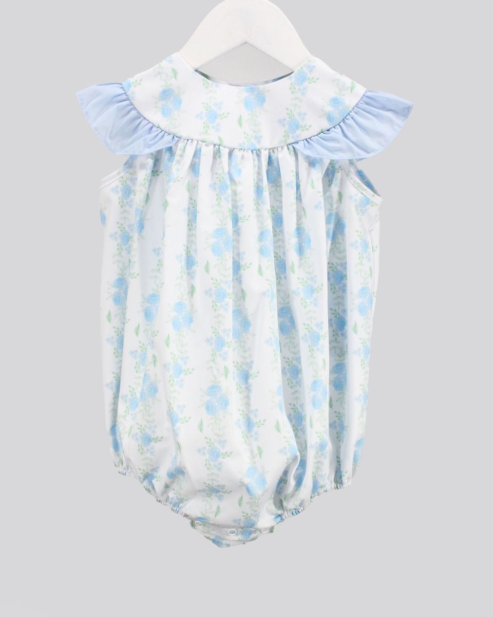 LIGHT BLUE AND WHITE BABY BUBBLE WITH FLORAL PATTERN AND FLUTTER SLEEVES