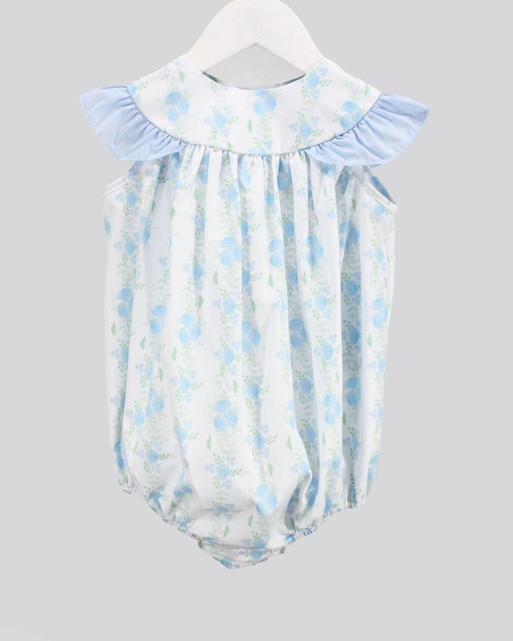 LIGHT BLUE AND WHITE BABY BUBBLE WITH FLORAL PATTERN AND FLUTTER SLEEVES