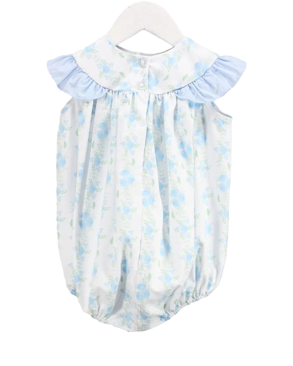 LIGHT BLUE AND WHITE BABY BUBBLE WITH FLORAL PATTERN AND FLUTTER SLEEVES
