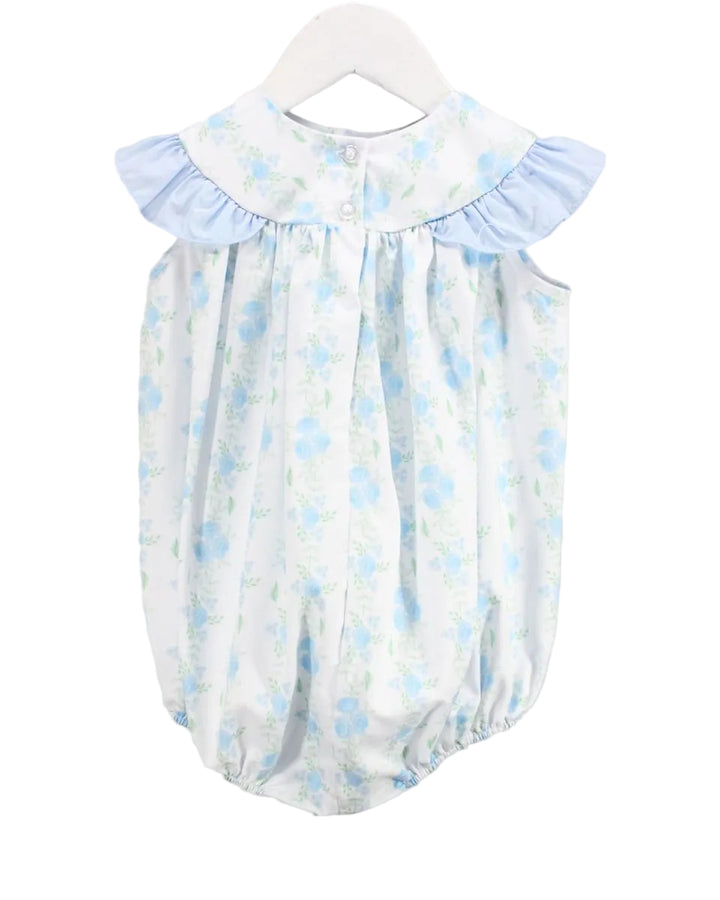 LIGHT BLUE AND WHITE BABY BUBBLE WITH FLORAL PATTERN AND FLUTTER SLEEVES