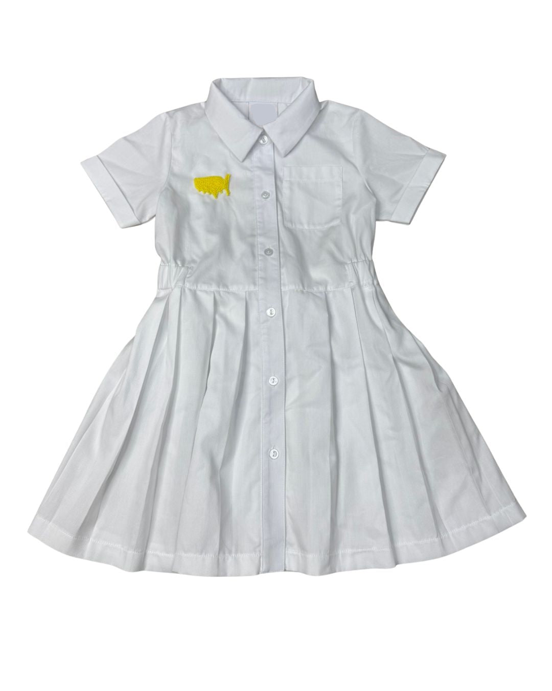 White dress with a yellow logo on a white background